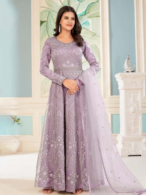 Light Lilac Butterfly Net Designer Anarkali Salwar Kameez